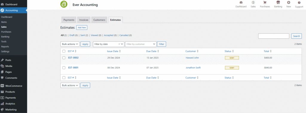 Add New Estimate in Ever Accounting