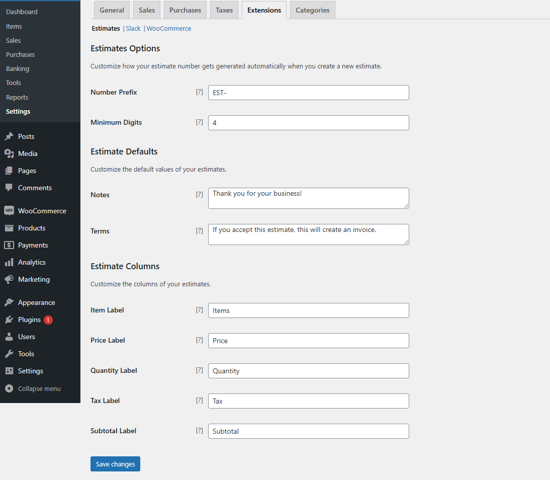 Estimates Settings