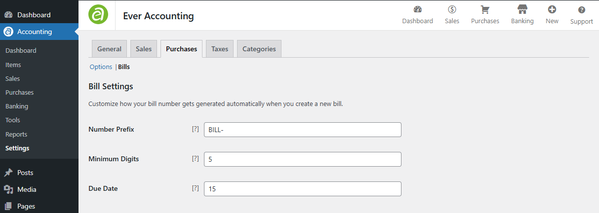 Purchases Bill Settings