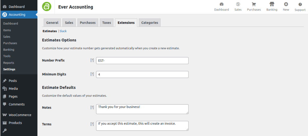 Estimates Settings